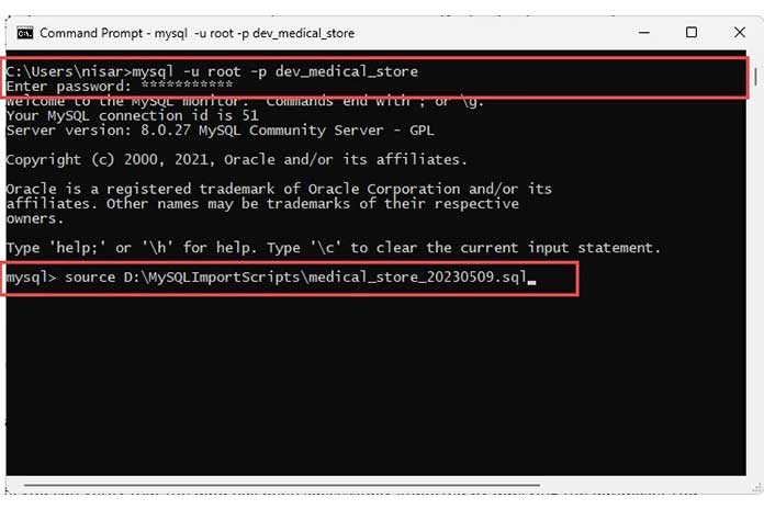 Import SQL file using command line utility